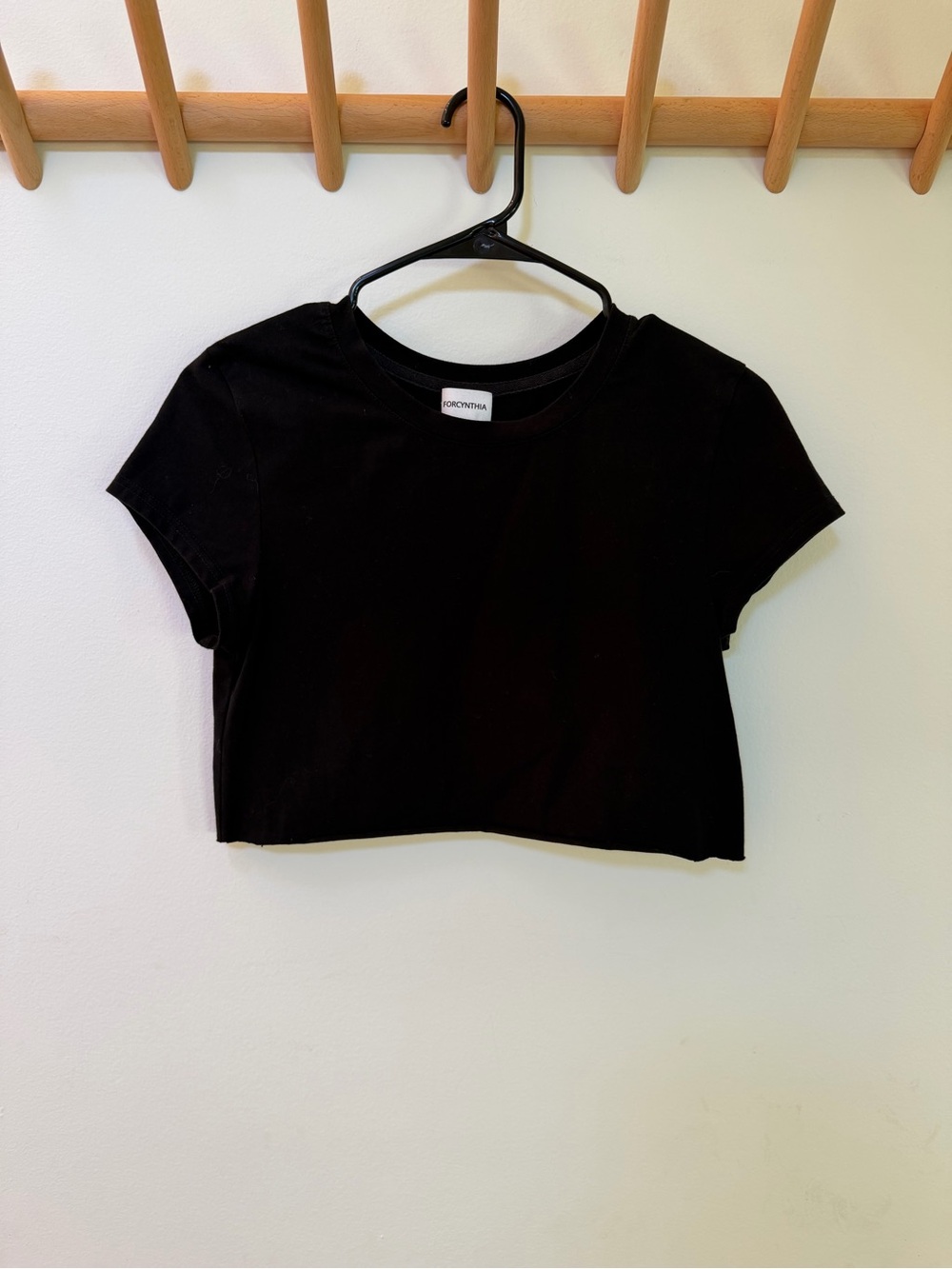 For Cynthia Black Tee with Crewneck Crop Top, Size Small